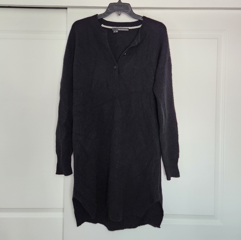 360 Cashmere Viv Ribbed Henley Long SLeeve Sweater Dress Black Small